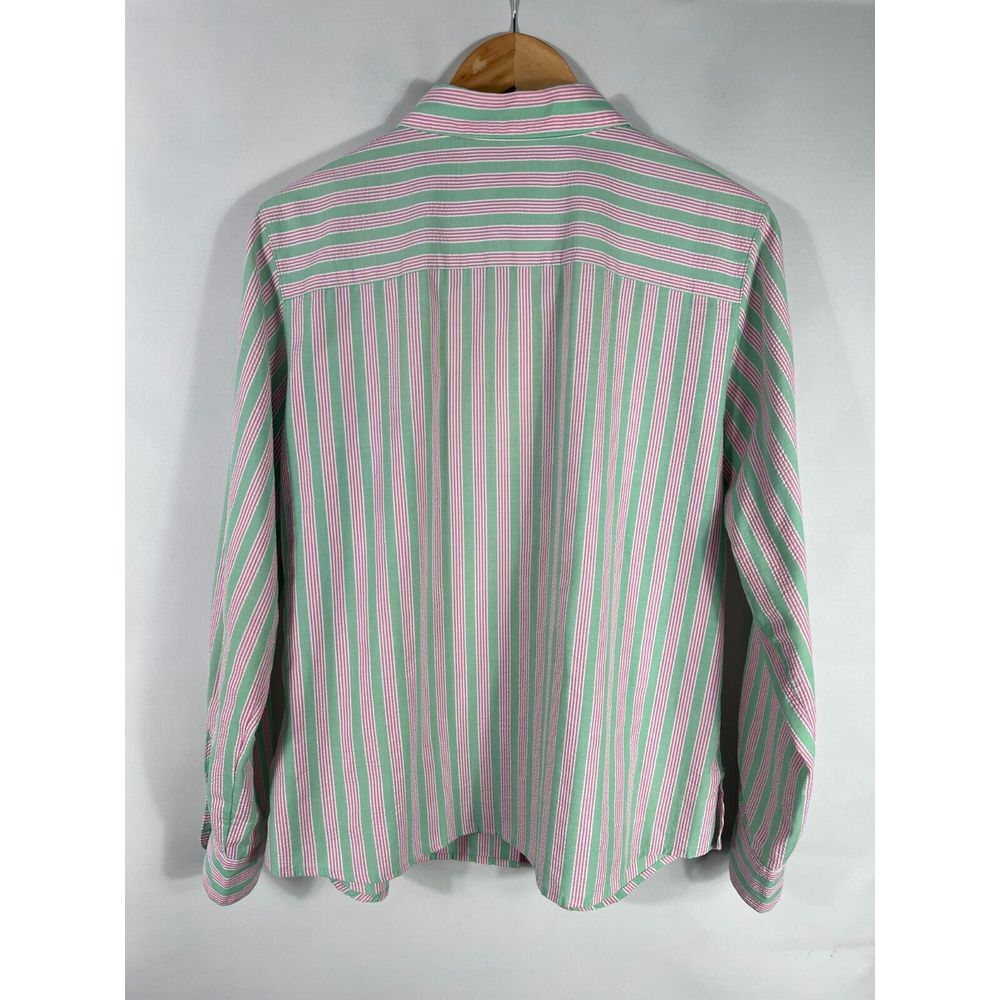 Foxcroft Women's 14P Shaped Fit Green Pink White Striped Long Sleeve Shirt - Picture 9 of 10